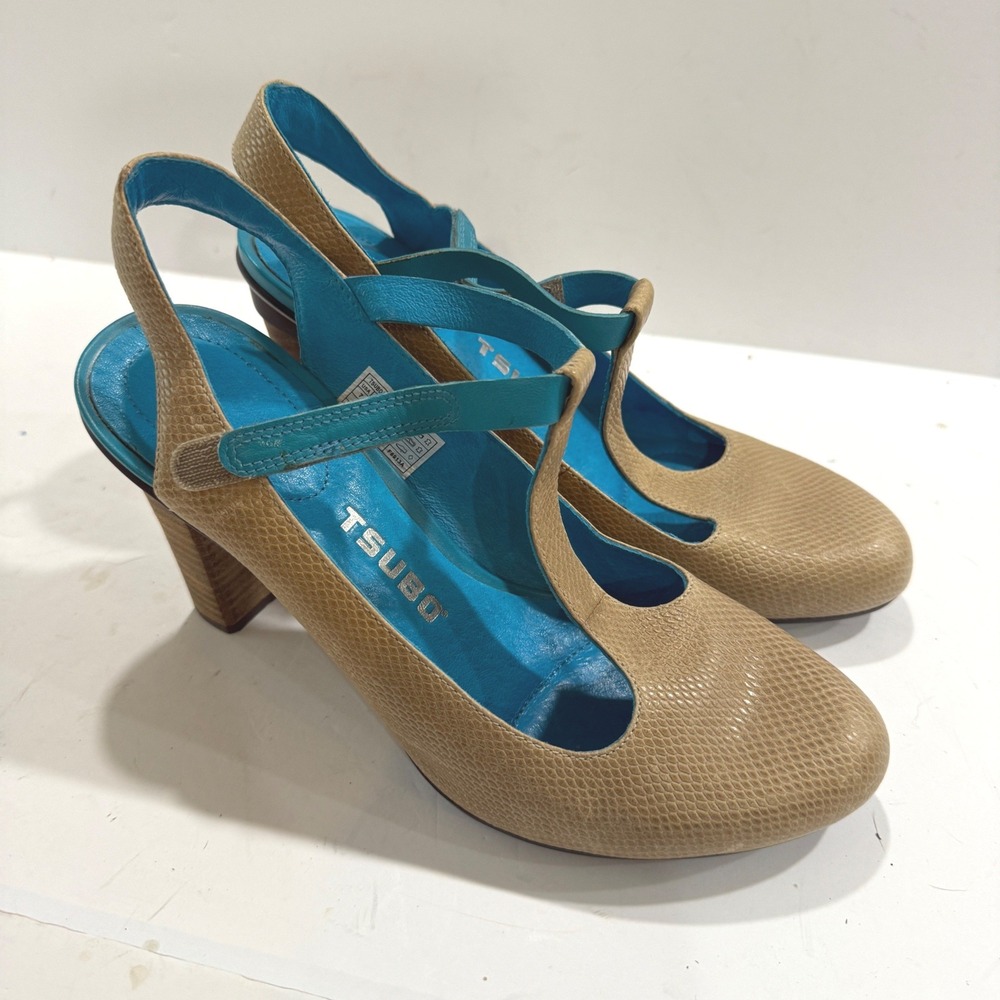 Tsubo Tan Leather T-Strap Slingback Block Heels Turquoise Size 7